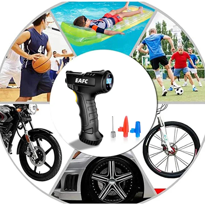 Black 120W portable wireless tire inflator with digital display and air hose attachment — view 5