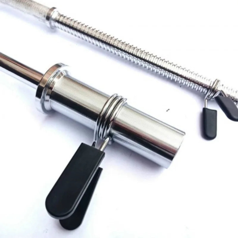 Barbell collar clips in silver and black solid steel with ergonomic rubber grip handles — view 2
