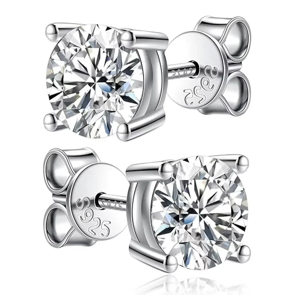 2.0ct moissanite stud earrings in 925 sterling silver displaying brilliant diamond-like fire and clarity.