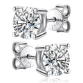 2.0ct moissanite stud earrings in 925 sterling silver displaying brilliant diamond-like fire and clarity.