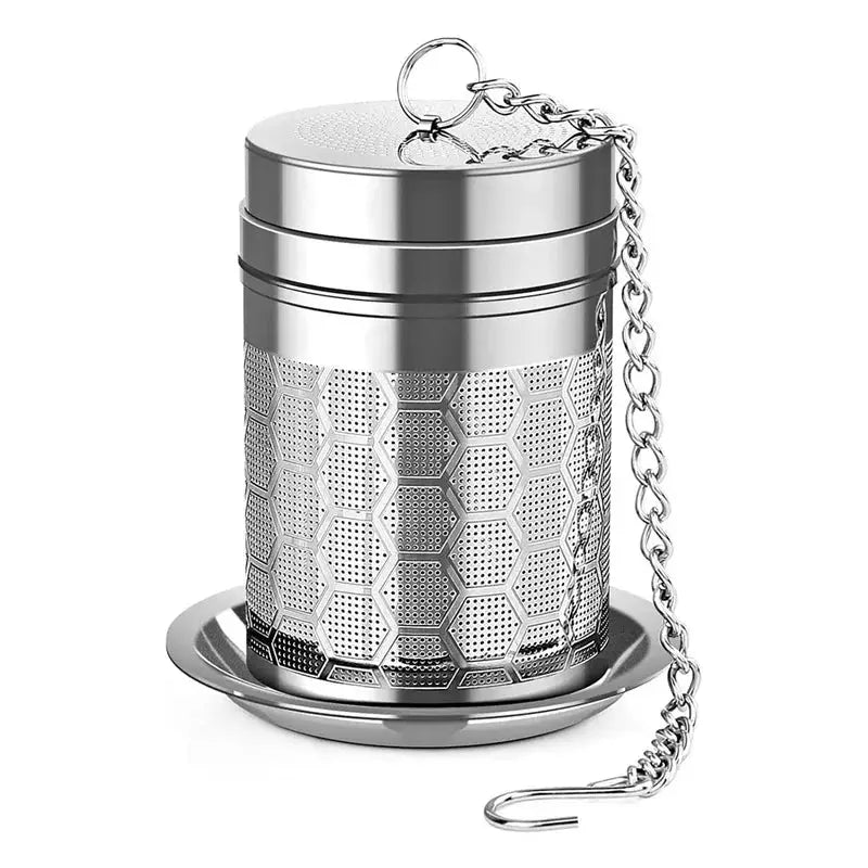 Fine mesh stainless steel tea infuser, silver reusable strainer with a secure locking lid and chain — view 12