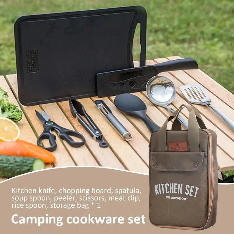 8-piece camping cookware set with stainless steel utensils and khaki zip carrying case — view 4
