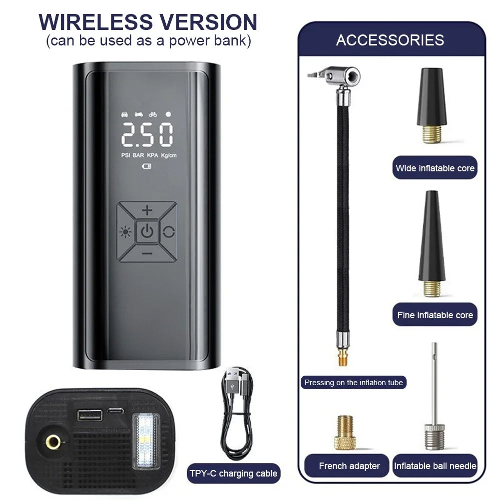 Black wireless handheld 120W digital tire inflator and air compressor for cars and bicycles. — view 2