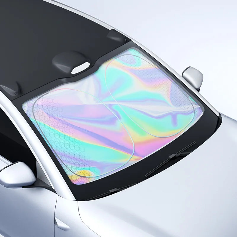 Foldable car windshield sun shade in black showing universal fit UV protection for vehicle interiors — view 3