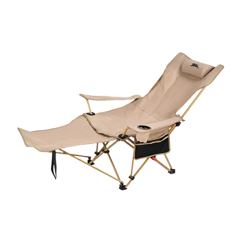 Khaki 2-in-1 reclining camping chair with retractable footrest cup holder and padded headrest pillow