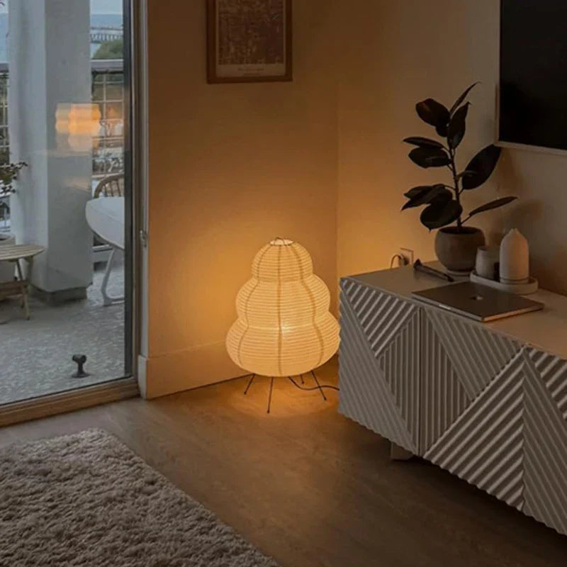 White LED rice paper desk lamp with iron base and soft glowing tricolor illumination — view 3
