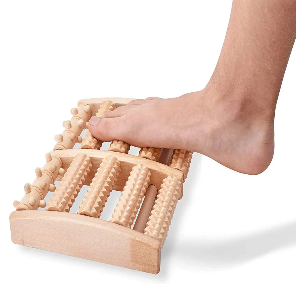 Brown wooden foot roller massager with five rows of acupressure nubs for plantar fasciitis relief — view 2