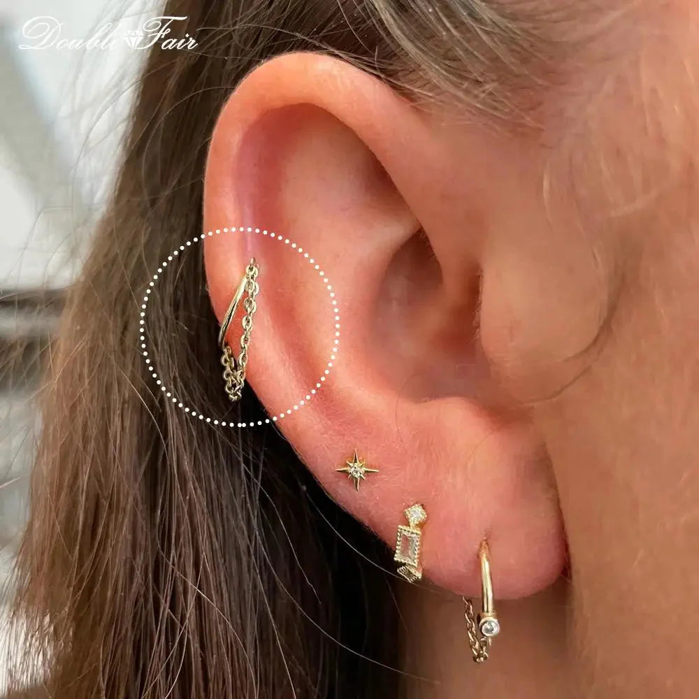 Dainty Y2K silver clicker earring with attached drop chain for helix and cartilage piercings — view 2
