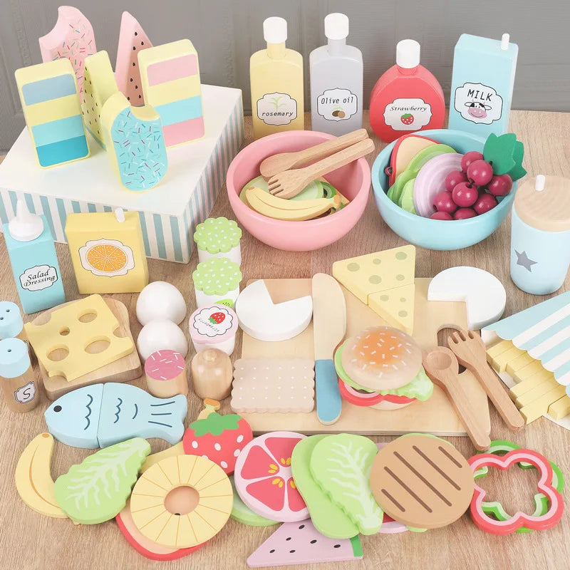 Pastel wooden pretend play food set with miniature colorful culinary pieces for children