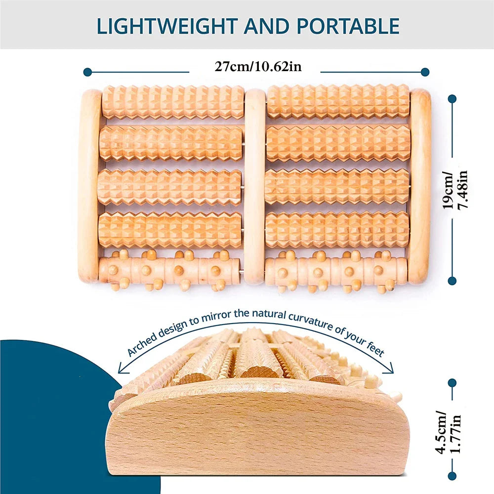 Brown wooden foot roller massager with five rows of acupressure nubs for plantar fasciitis relief — view 3