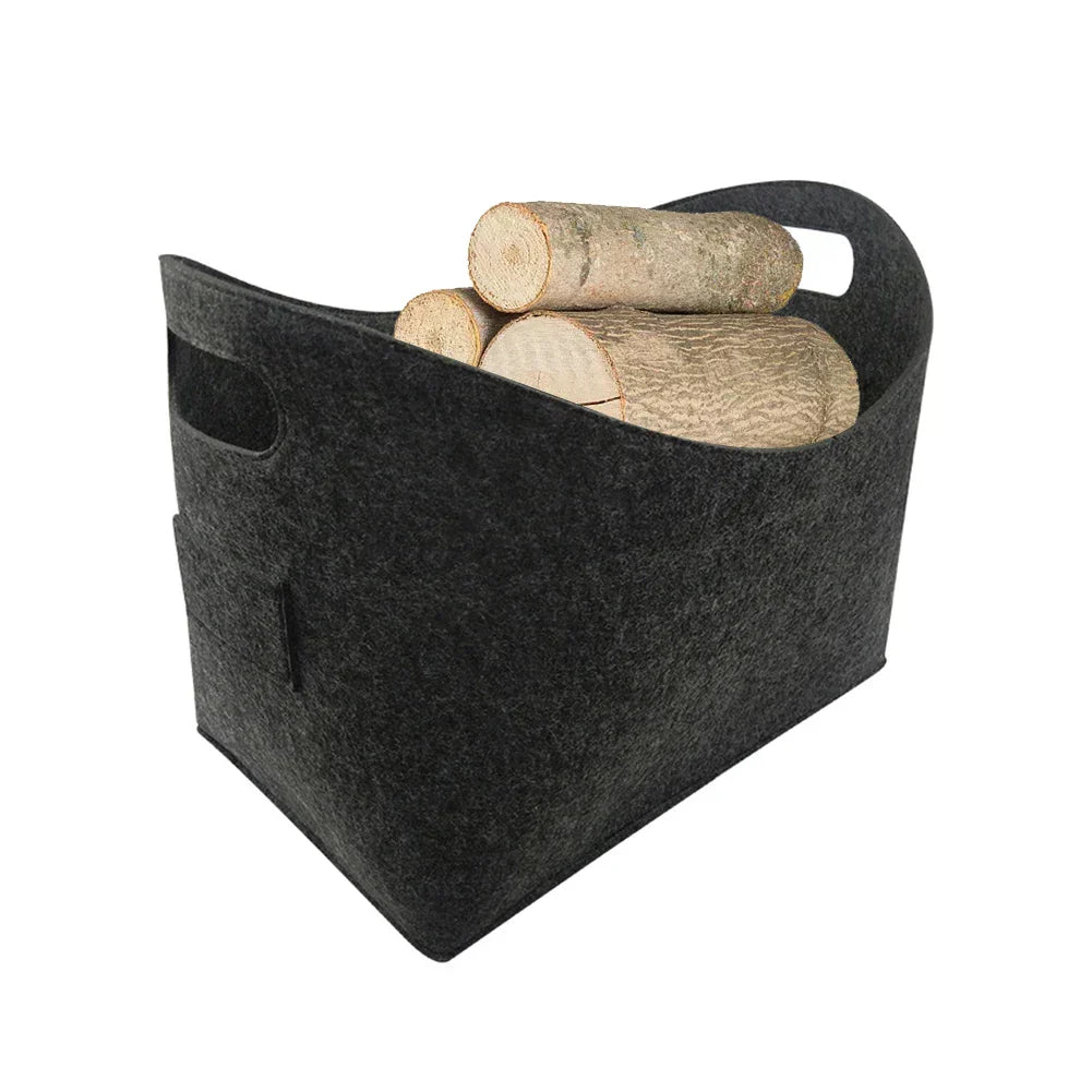 Large capacity felt firewood storage basket with sturdy handles in a neutral tone for fireplace organization