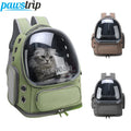 Transparent pet carrier backpack for cats and small dogs made of waterproof green Oxford cloth.