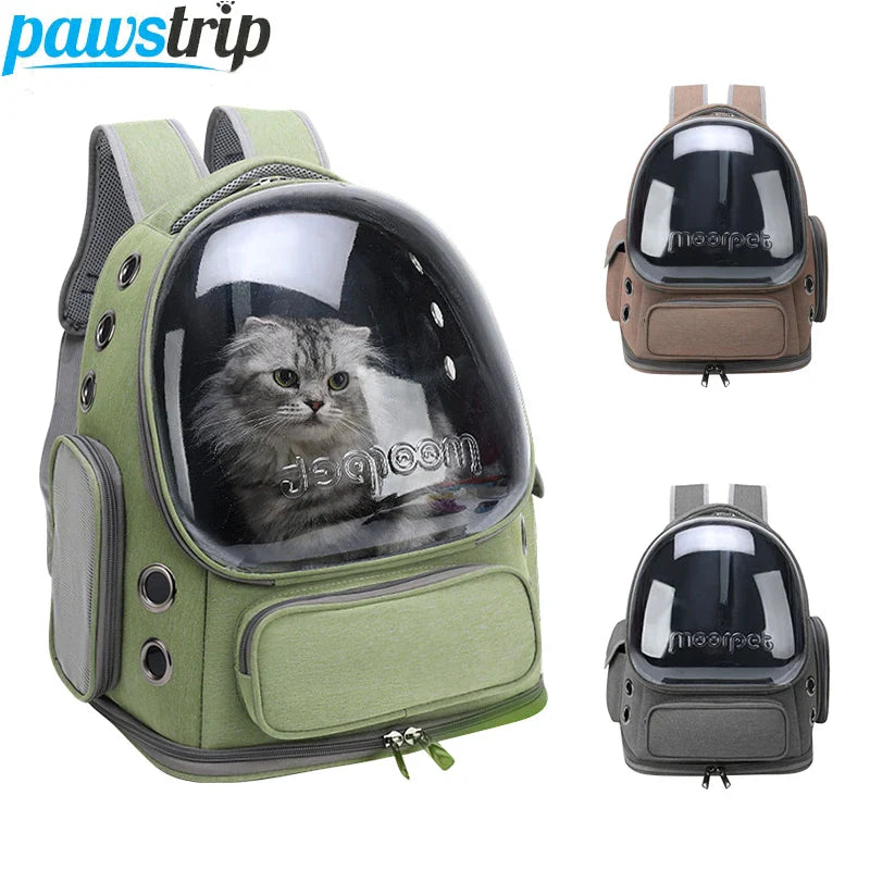 Transparent pet carrier backpack for cats and small dogs made of waterproof green Oxford cloth.