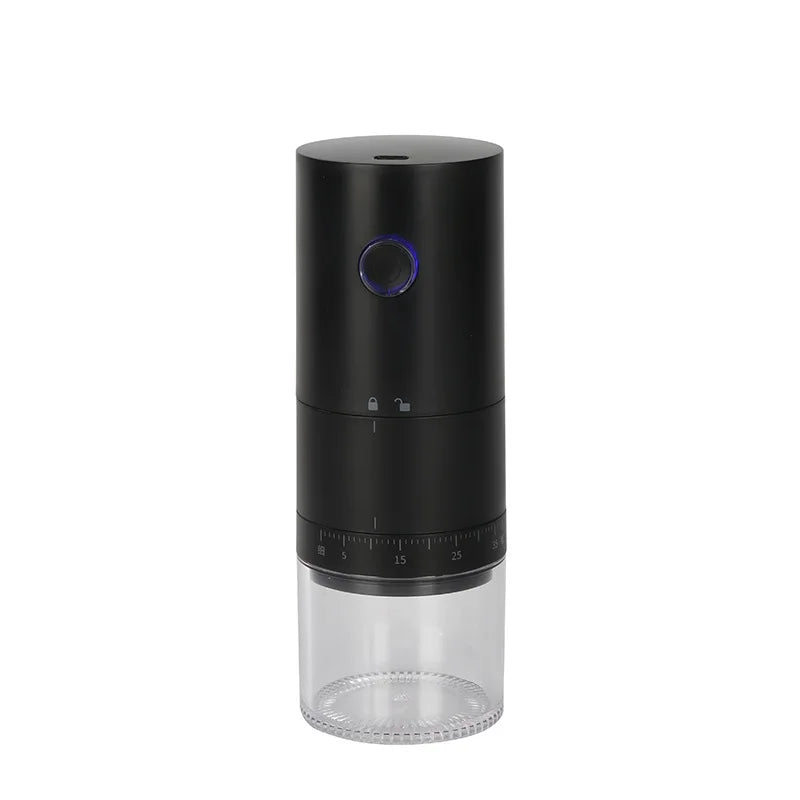 Portable black electric coffee grinder with ceramic burrs and USB-C charging cable