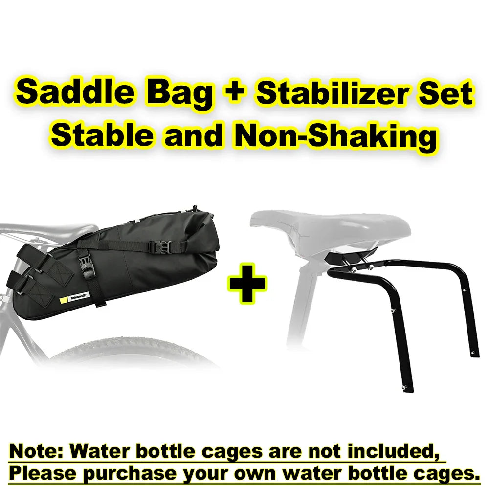 Black 13L waterproof bike saddlebag with stabilizer rack mounted on a bicycle. — view 3
