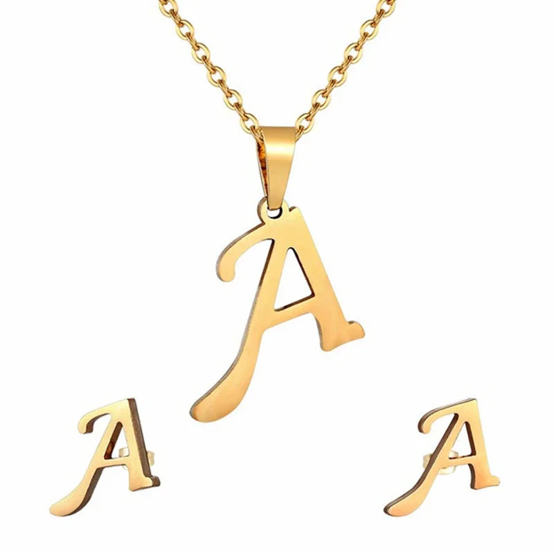 Stainless steel initial necklace and matching letter stud earrings set for women — view 2