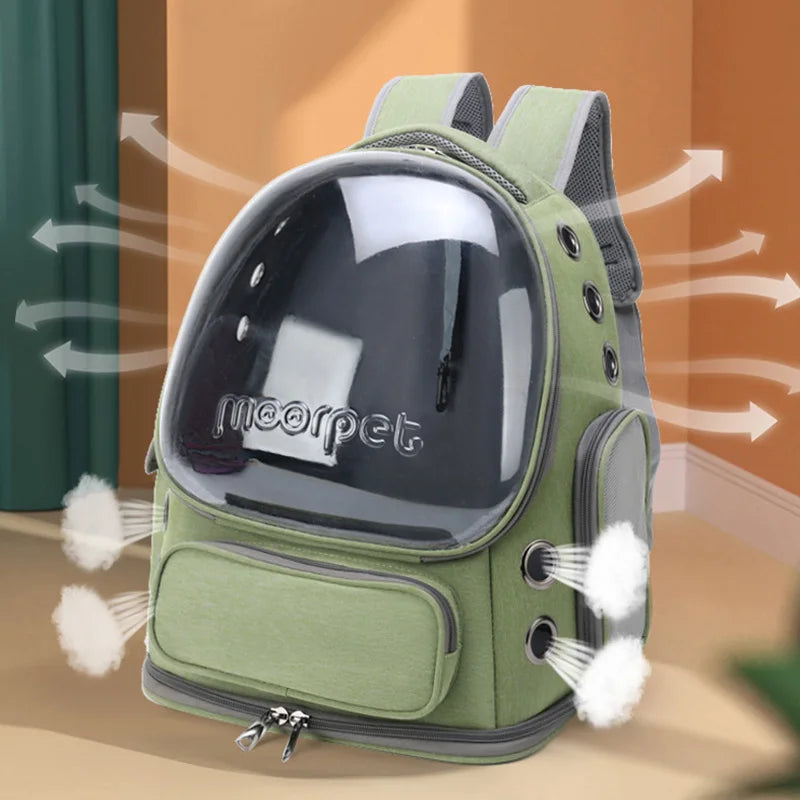Transparent pet carrier backpack for cats and small dogs made of waterproof green Oxford cloth. — view 5