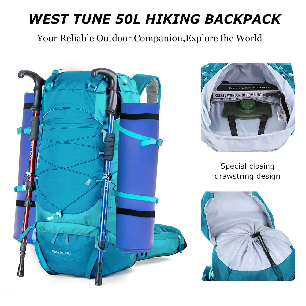 Lake blue 50L hiking backpack made of water-resistant nylon with integrated rain cover — view 5