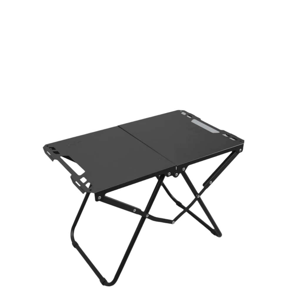 Black iron portable folding camping table with hollowed edges for hanging outdoor gear and utensils