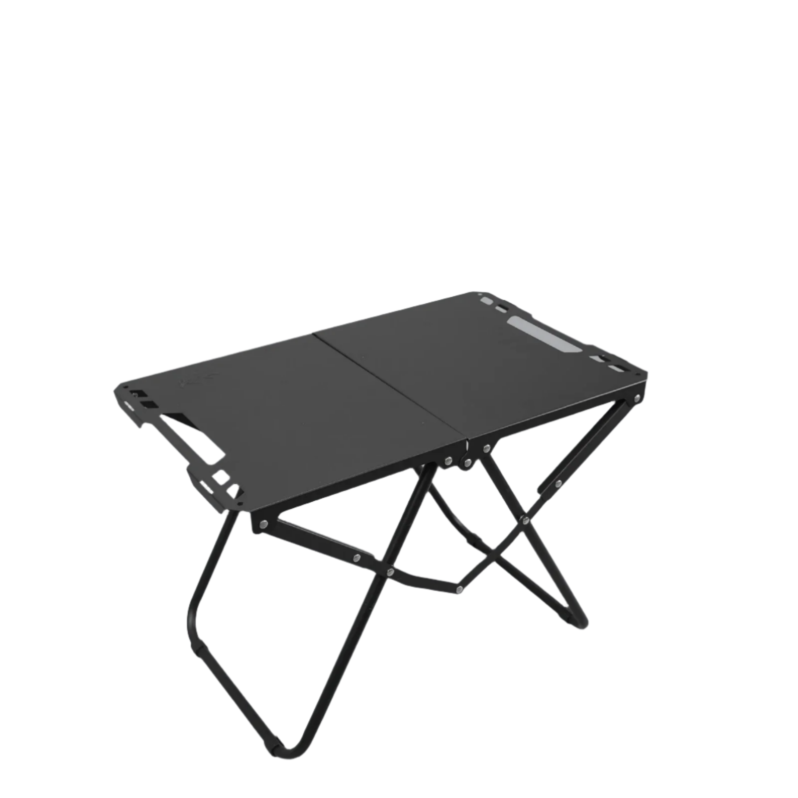 Black iron portable folding camping table with hollowed edges for hanging outdoor gear and utensils