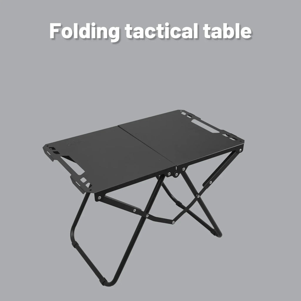 Black iron portable folding camping table with hollowed edges for hanging outdoor gear and utensils — view 2