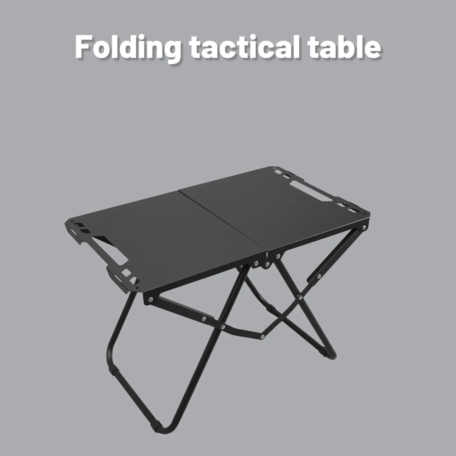Black iron portable folding camping table with hollowed edges for hanging outdoor gear and utensils — view 2
