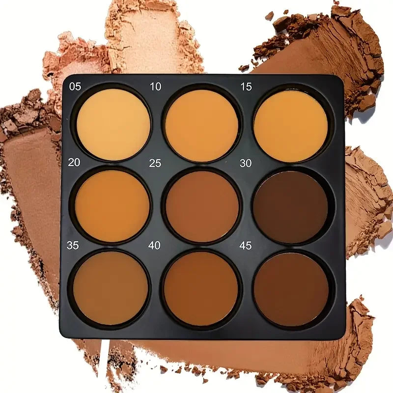 9-color dark bronze foundation and contouring makeup palette with matte and delicate glitter shades — view 2
