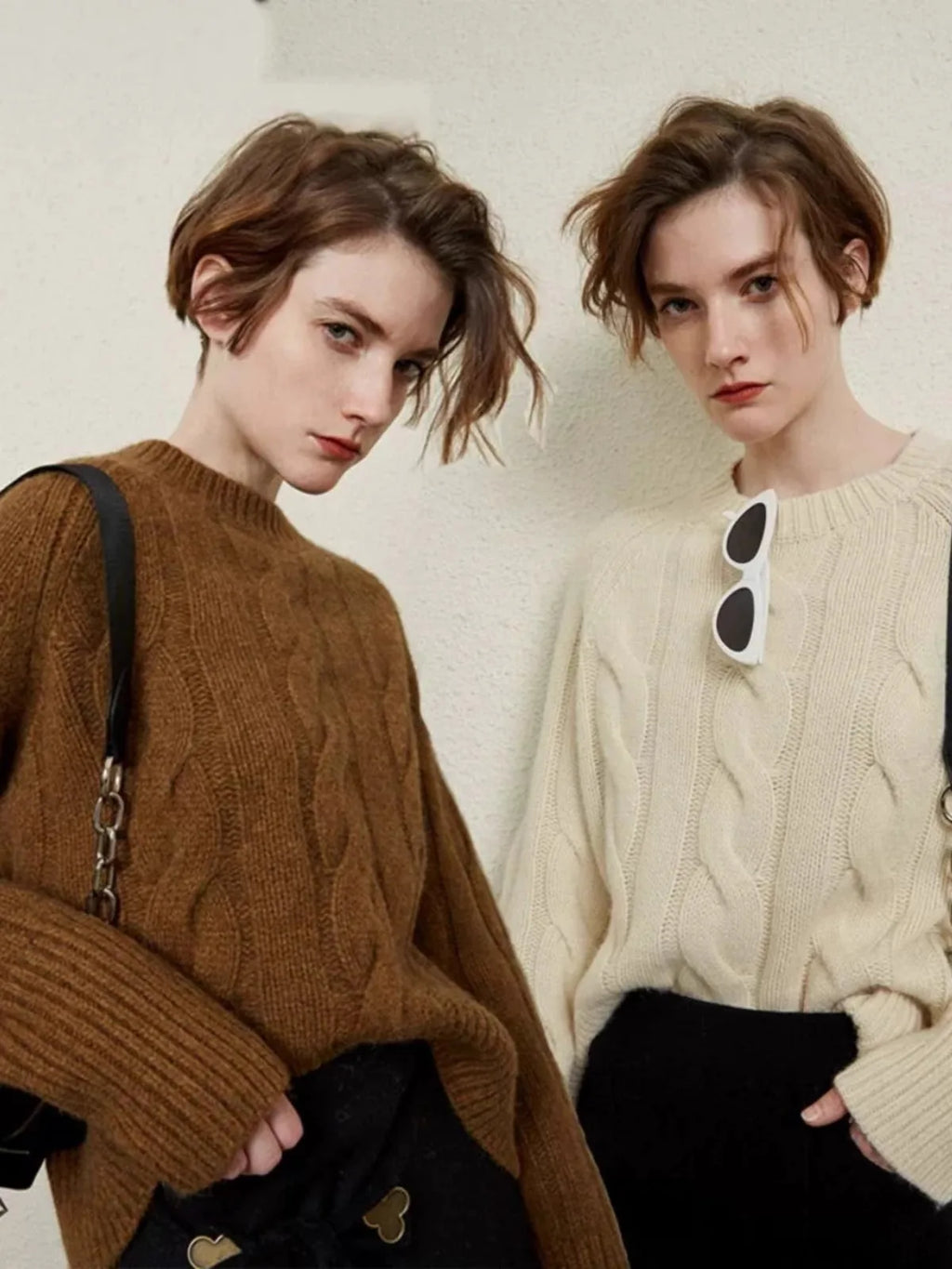 Womens thick pure cashmere crewneck sweater with twist knit texture and loose fit — view 2