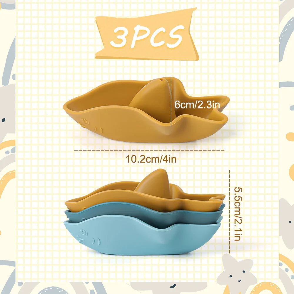 Silicone shark bath toy set of three in soft oceanic colors stacked for compact storage — view 5