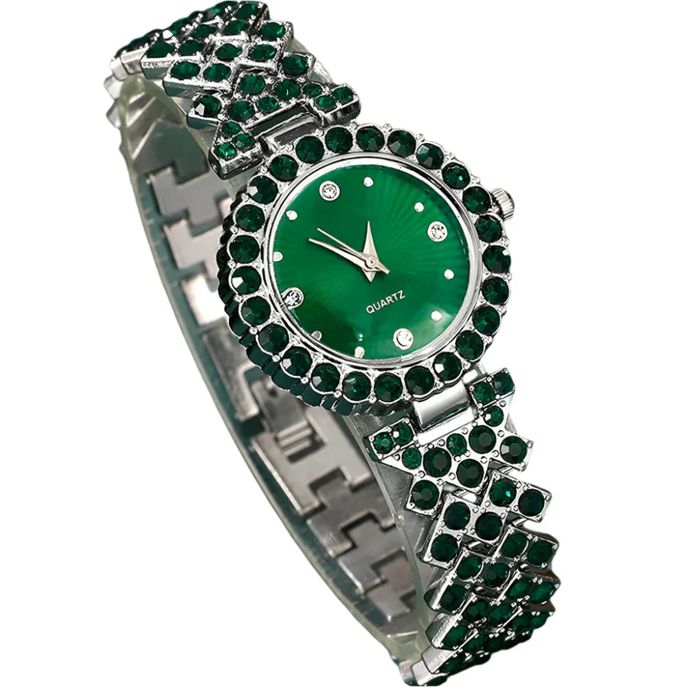 Womens luxury green watch and matching jewelry set with heart necklace ring and earrings — view 2