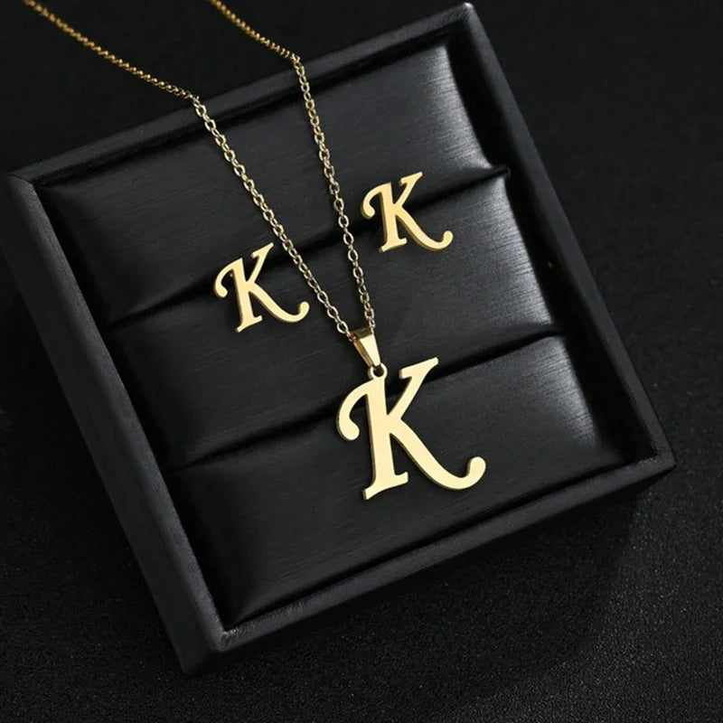 Stainless steel initial necklace and matching letter stud earrings set for women