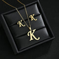 Stainless steel initial necklace and matching letter stud earrings set for women