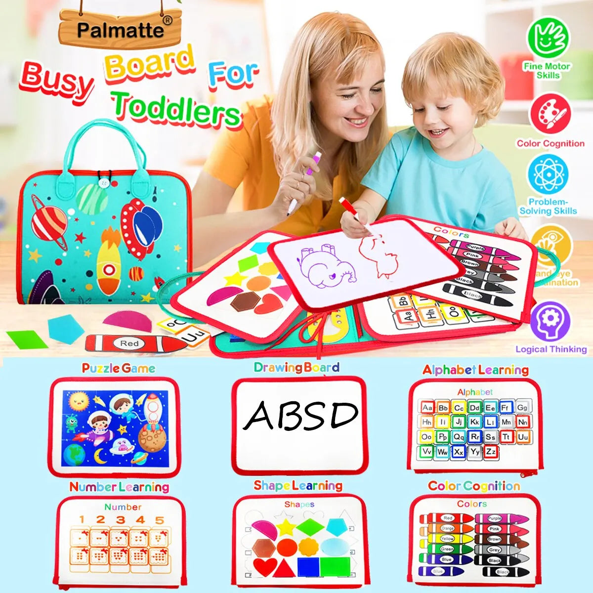 Montessori toddler busy board sensory toy with colorful educational buckles buttons and zippers for travel — view 4
