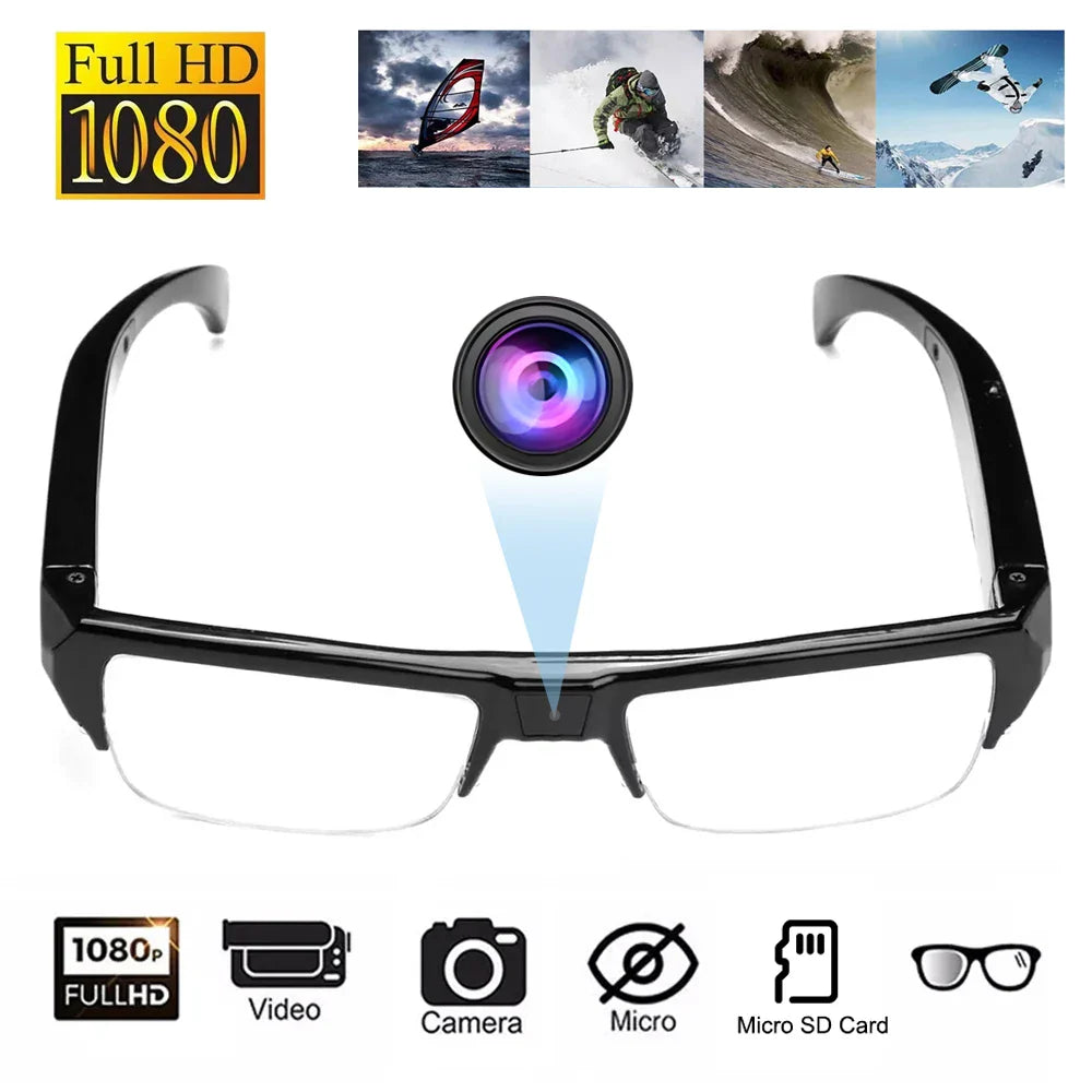 Black NNEOBA 1080P HD mini camera glasses wearable video recorder on white background — view 2