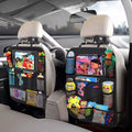 Black car backseat organizer with touch screen tablet holder, mesh pockets, and storage compartments.