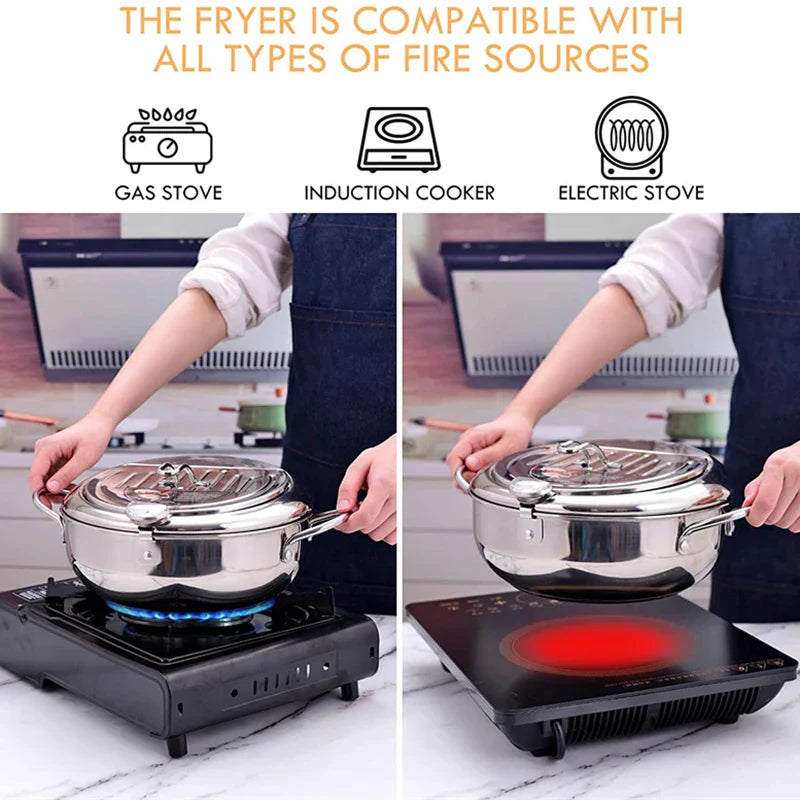 Silver 24cm stainless steel deep frying pot with built in thermometer and secure splash guard lid — view 5