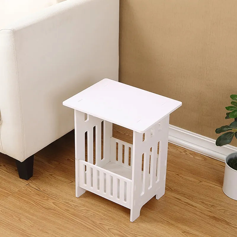 Nordic modern mini bedside table in white PVC board with compact storage shelves for bedrooms — view 3
