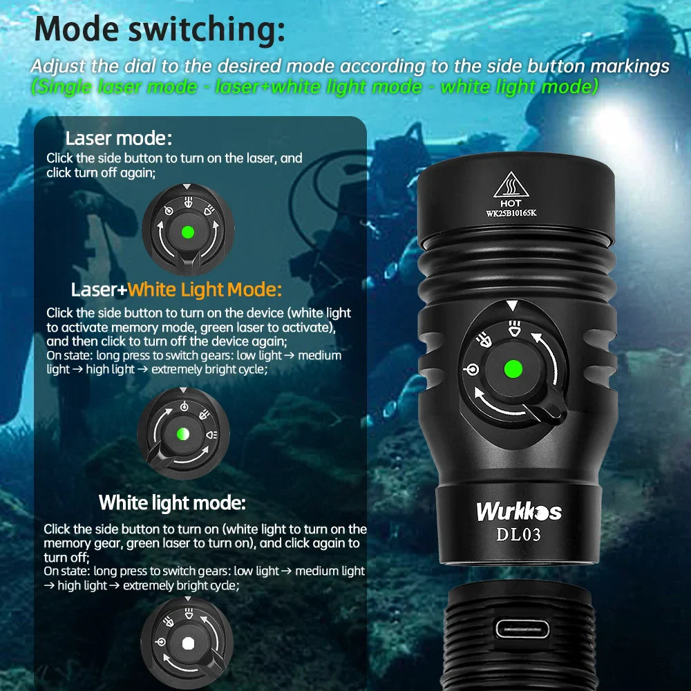 Wurkkos DL03 professional rechargeable dive flashlight in black aluminum with green beam capability — view 5
