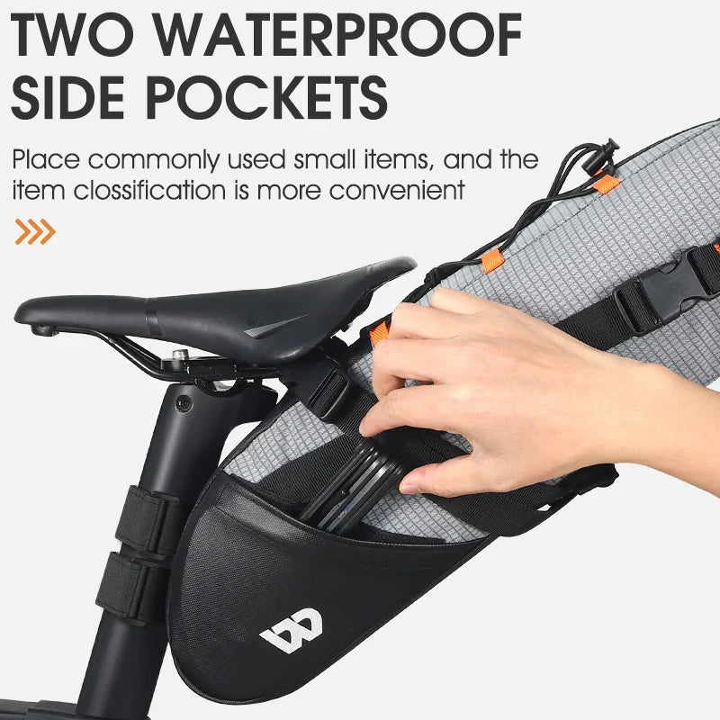 Gray waterproof 10L bike saddle bag with reflective details and roll top closure for cycling — view 5