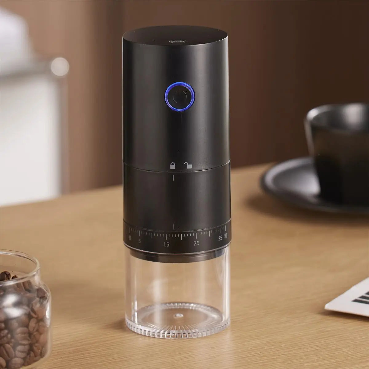 Portable black electric coffee grinder with ceramic burrs and USB-C charging cable — view 2