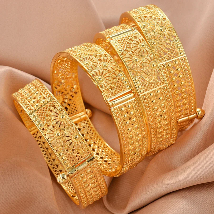 Four-piece gold-plated Ethiopian bangle set featuring intricate geometric designs for women's wedding jewelry. — view 2