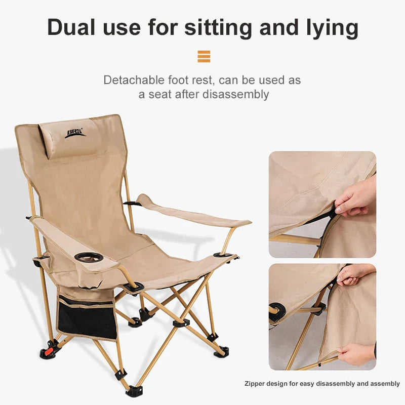 Khaki 2-in-1 reclining camping chair with retractable footrest cup holder and padded headrest pillow — view 4