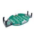 Tabletop soccer board game in a compact portable design with player rods for family entertainment