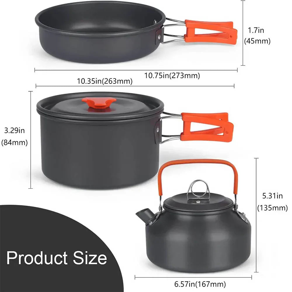 Outdoor camping cookware set in aluminum with orange foldable handles including pot pan and teapot — view 2