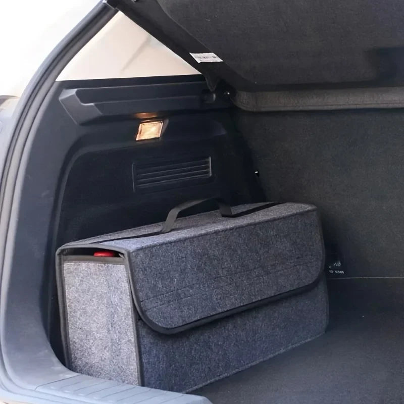 Foldable car trunk organizer in gray soft felt, displaying spacious interior storage compartments — view 2