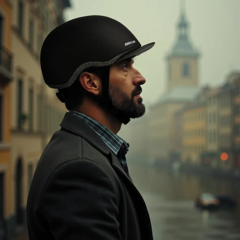 Black vintage-style urban cycling helmet with removable sun brim and adjustable strap — view 2