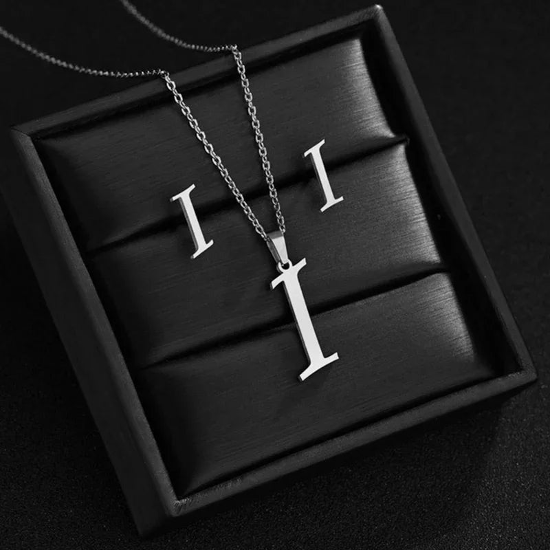 Stainless steel initial necklace and matching letter stud earrings set for women — view 5