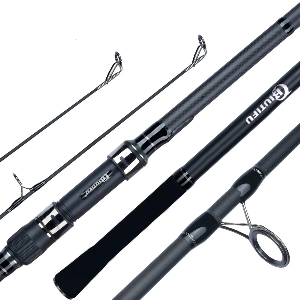 Grey 4.2m carbon fiber carp fishing rod with black non-slip grip and gunmetal guide rings