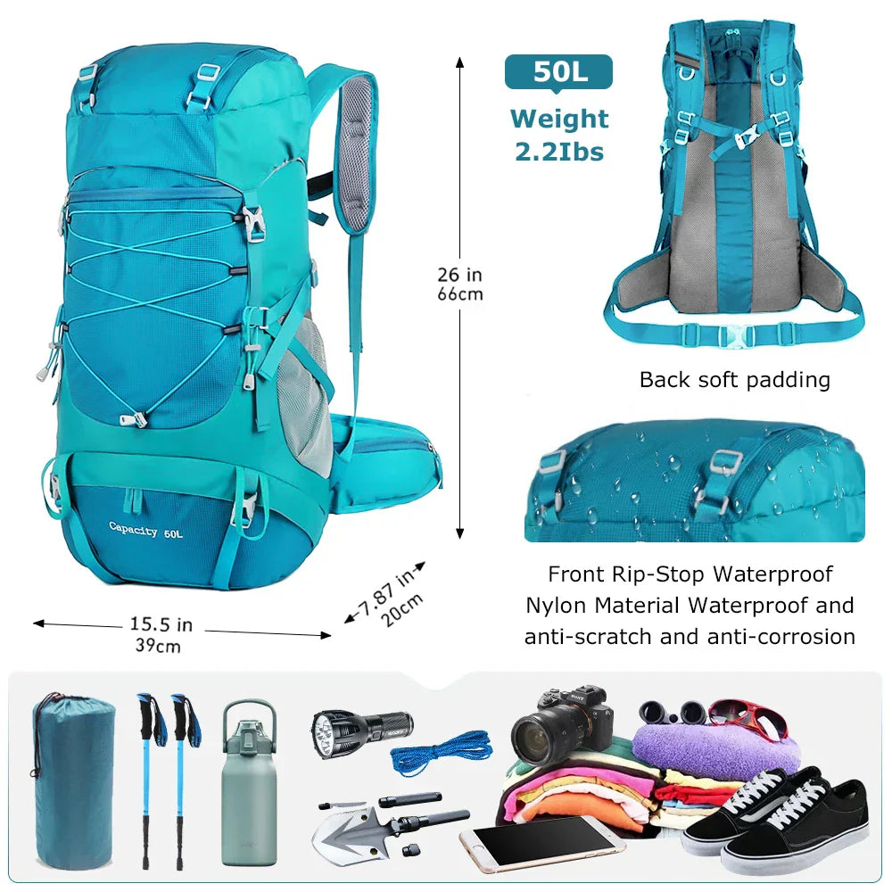 Lake blue 50L hiking backpack made of water-resistant nylon with integrated rain cover — view 2