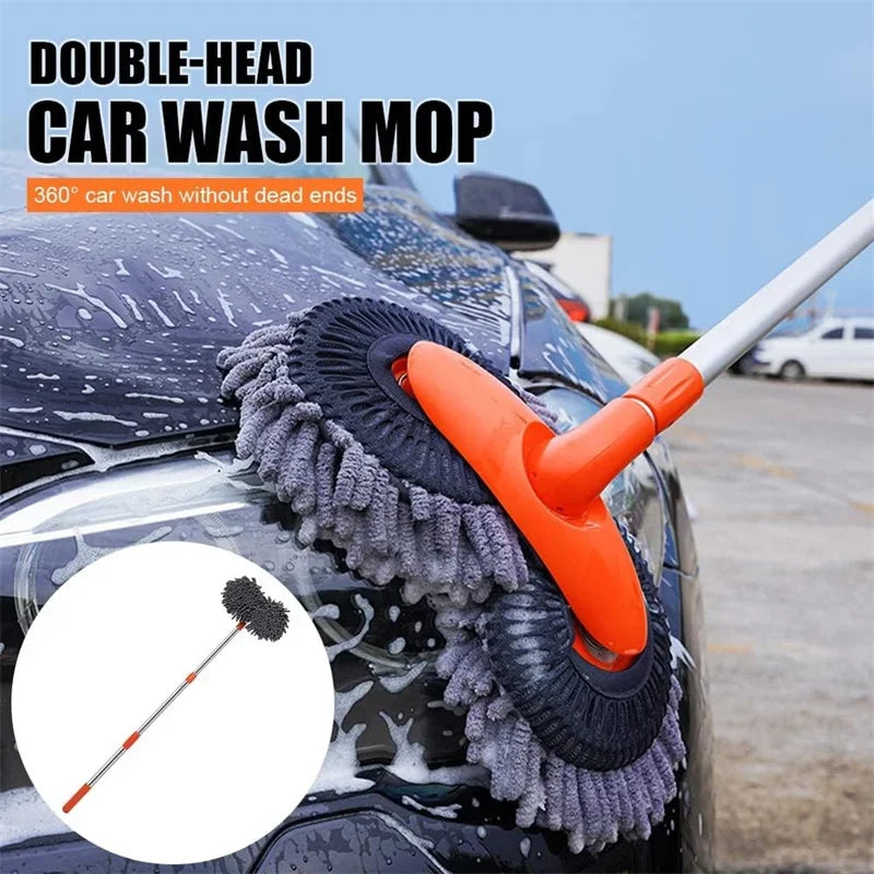 Orange telescopic car wash mop with 360-degree double rotating chenille microfiber brush head — view 3